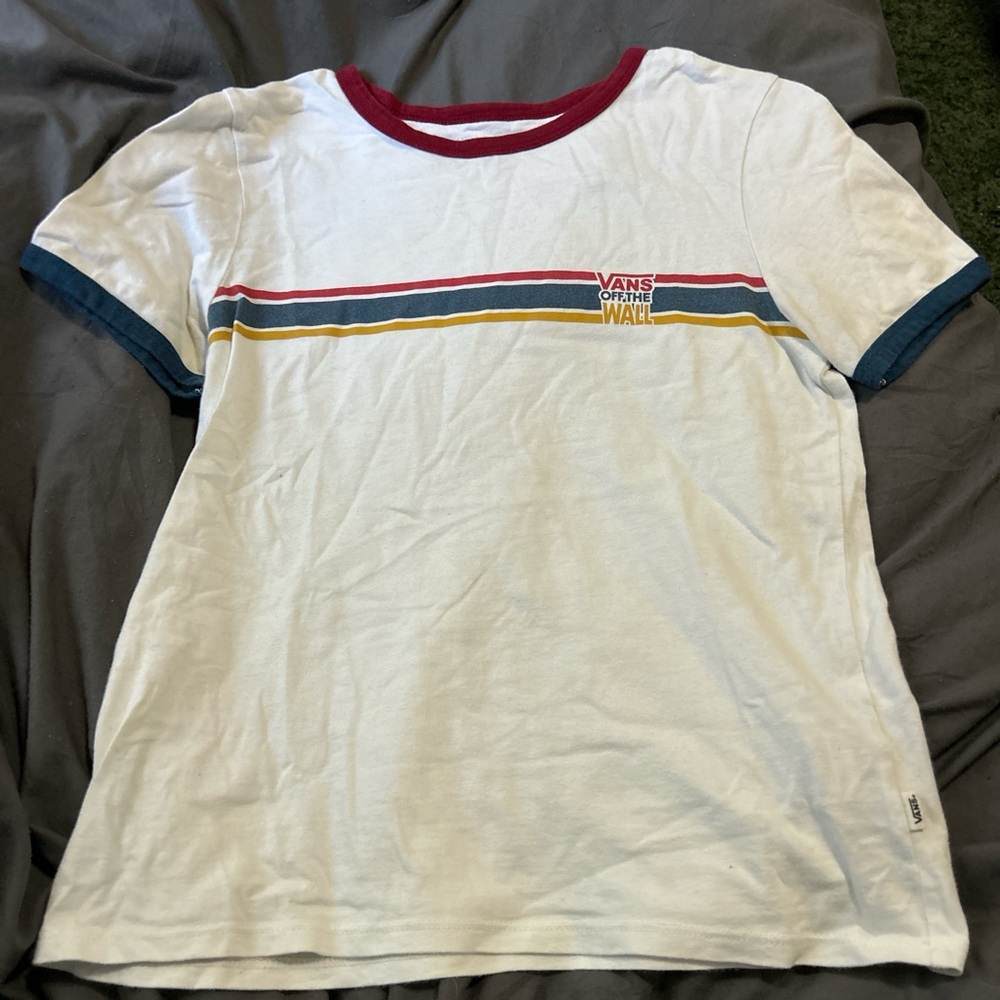 Vans Kids White Tee with Red, Blue, and Yellow Stripes